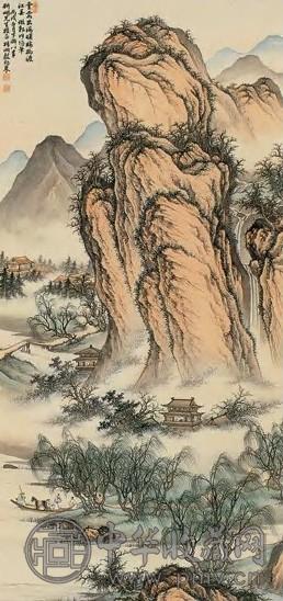 殷梓湘 春山送渡图 立轴 纸本设色