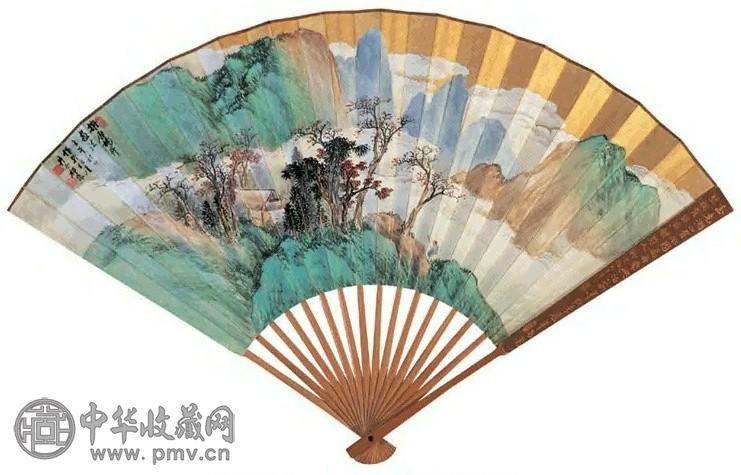 近现代 祁崑 秋山红树 扇面