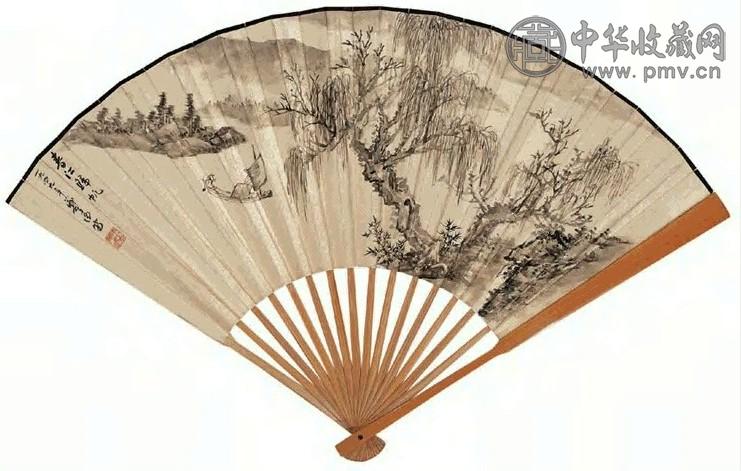 郑午昌 1949年 春江归帆、行书 成扇 泥金水墨