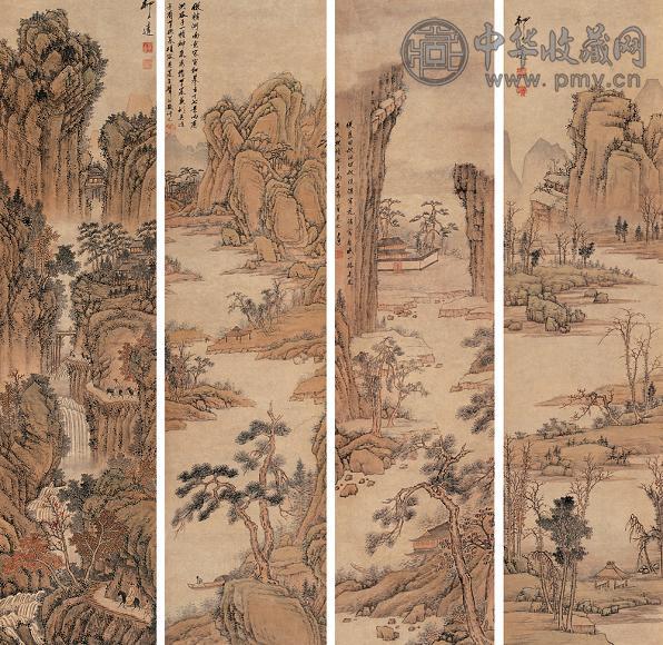万上遴 山水图 四屏 设色纸本