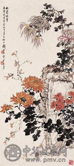 钱松嵒 辛巳(1941年)作 杞菊延年 立轴 设色纸本