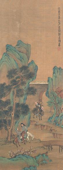 赵子顺(款) 城墙外骑马图 立轴 水墨设色绢本