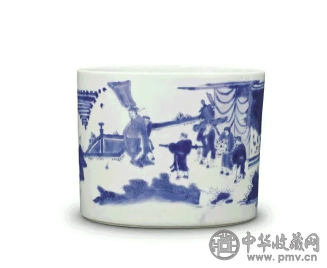 明 崇祯 青花人物笔筒