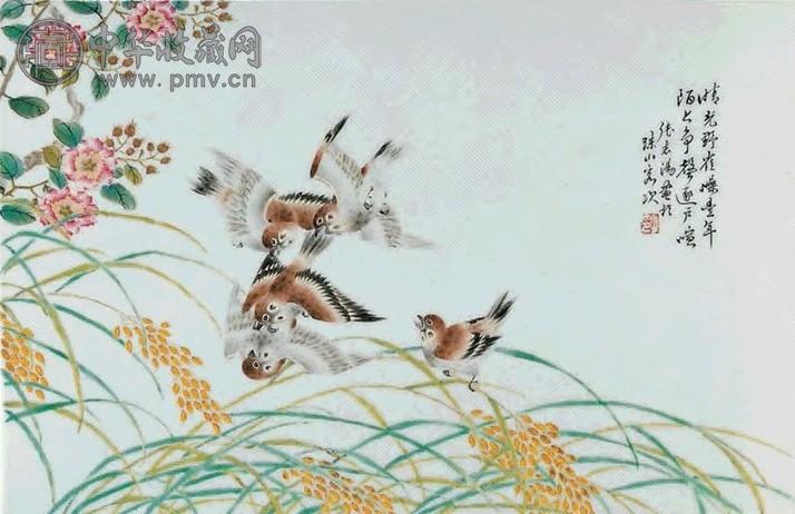 民国 张志汤粉彩雀噪丰年瓷板