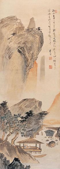 溥儒 水榭读易 立轴 设色纸本