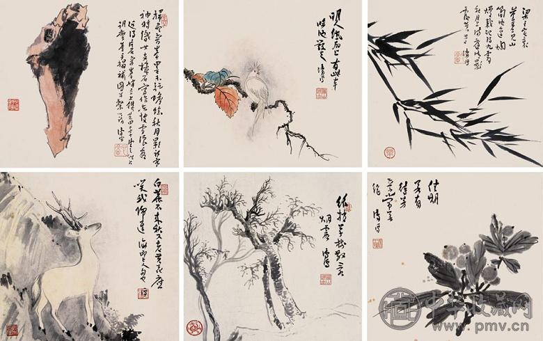 溥儒 心畬集册 册页(6开) 设色纸本