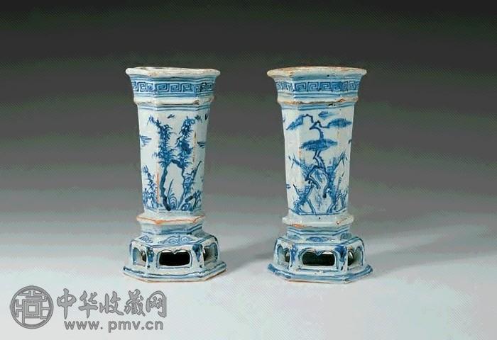 明中期 青花竹石香插(1对)