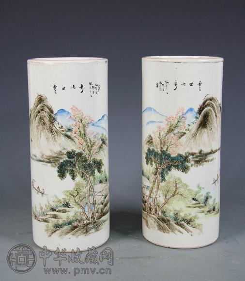 民国 浅绛彩山水人物纹帽筒(1对)
