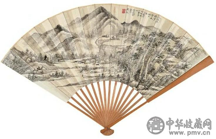 1926年 吴琴木 云壑人家图并行书论王右军黄庭经 成扇 水墨纸本