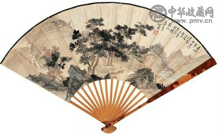 溥心畬 1939年作 远岫清溪图 楷书七言诗 扇面 十六档 设色纸本