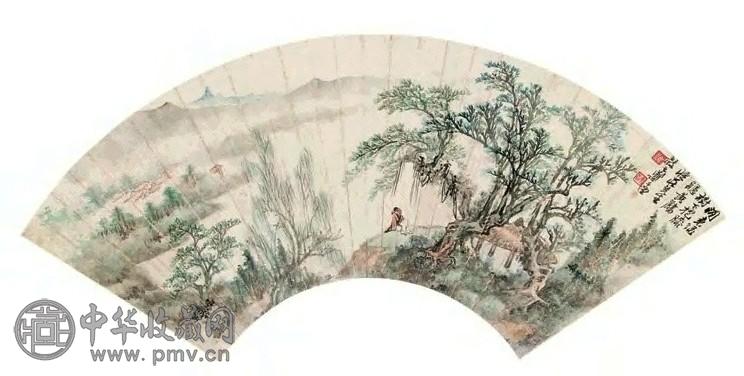 郑午昌 抱膝听鹂图 扇面 设色纸本
