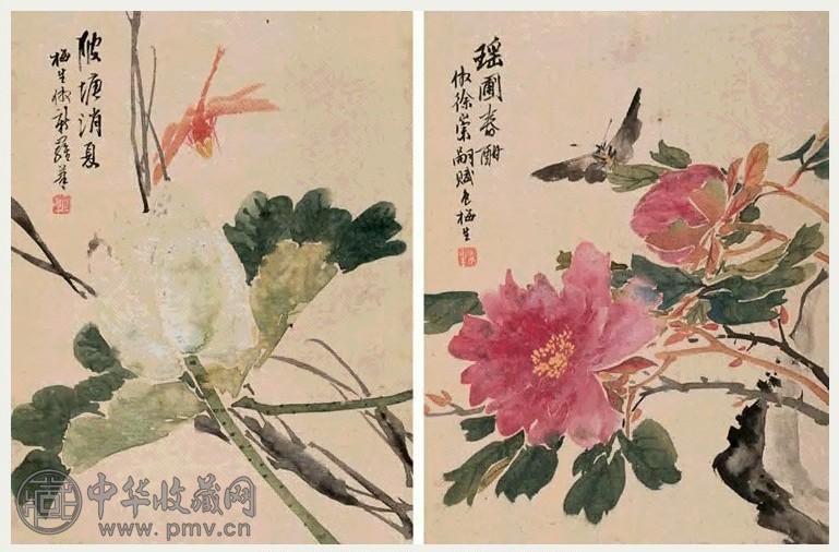 钱凤鸣 花卉 册页(12开选2) 绢本设色