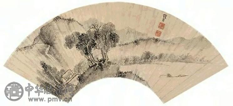 钱贡 溪山钓艇图 扇面 水墨金笺