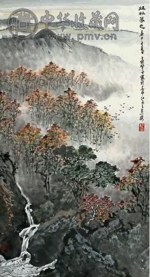 应野平 庚申(1980年)作 秋林暮色图 立轴 设色纸本