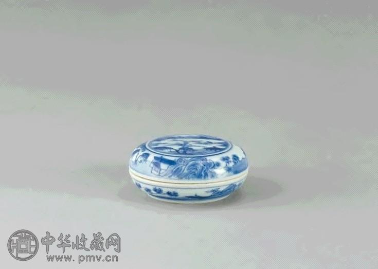 清康熙 青花山水垂钓图小印泥盒