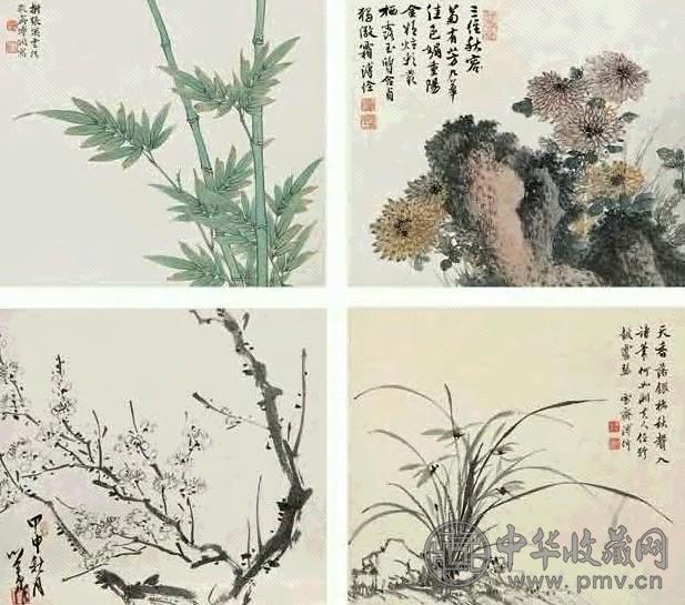 溥儒 溥佺 溥僴等 梅兰竹菊 四屏 设色纸本