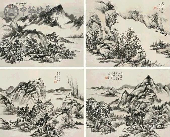 何维朴 山水 四屏 纸本墨笔