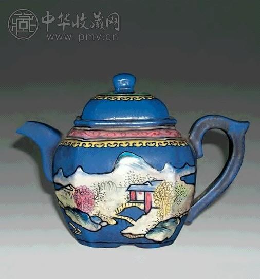 蓝地山水紫砂壶