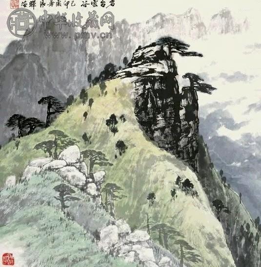 区晖 岩台云谷 镜框 设色纸本