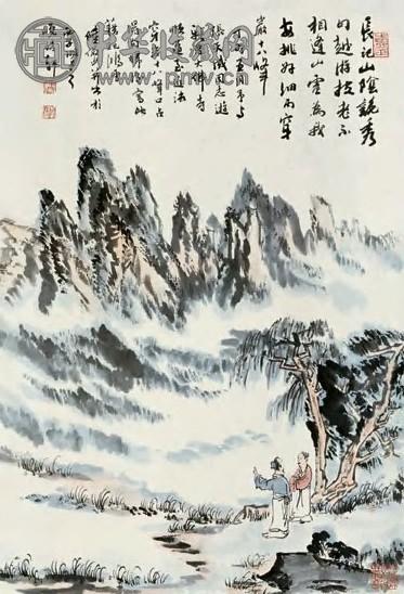 陆俨少 1987年作 山水人物 立轴 设色纸本