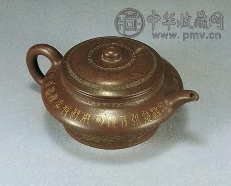 清乾隆 宜兴紫砂金彩荷莲御制诗茶壶
