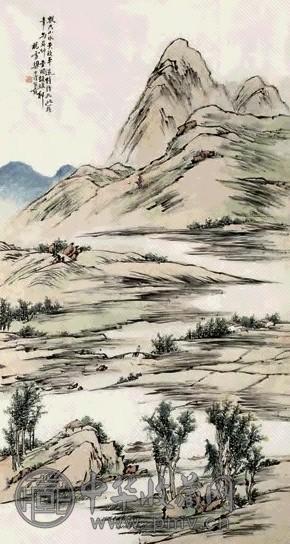 梁于渭 山水 立轴 设色纸本