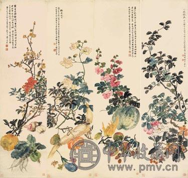 陆恢 1909年作 四季花卉 四屏 设色纸本