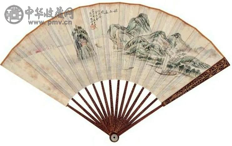 余源 姑山春晓图 小楷节临与宋元思书 扇面 设色金笺