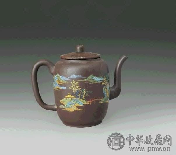 清 陈子畦紫砂加彩壶