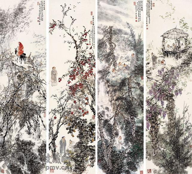 王明明 2004年作 山水 四屏 设色纸本