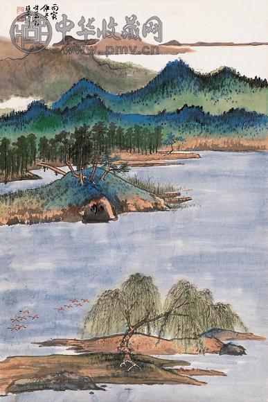 谢稚柳 丙寅(1986年)作 柳塘归雁 镜心 设色纸本