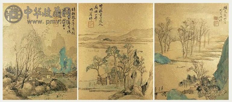 沈焯 山水 册页(8开选3) 设色金笺