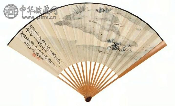 张大千 1947年作 竹溪抚琴 成扇 设色纸本