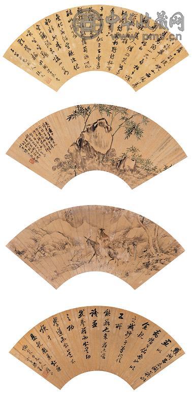 阮元 徐震甲 萧晨 梁同书 1875年 1688年作 行 草书集册(4件) 扇片 水墨泥金笺本