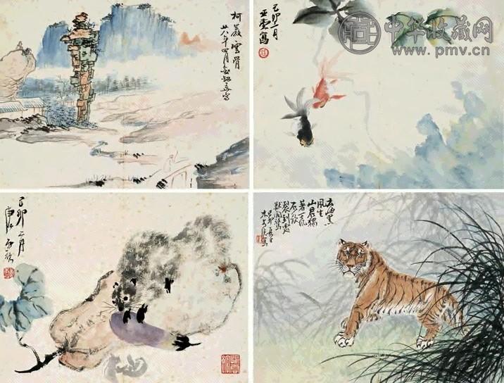 汪亚尘 俞剑华等 雪泥鸿爪 册页(8开选4) 设色纸本