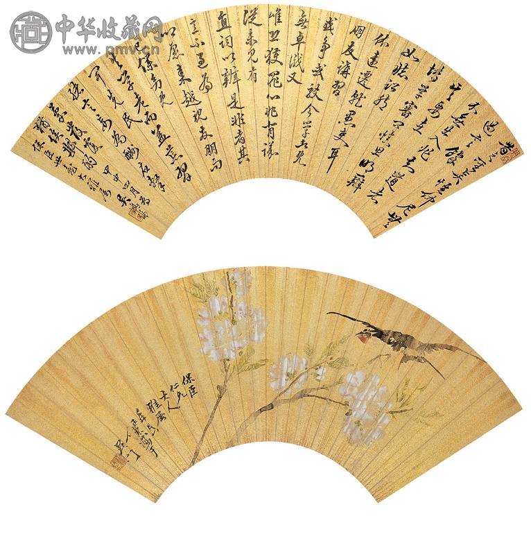 任薰 吴鸿纶 1884年作 桃花飞燕图 扇页两开合件 设色泥金笺本