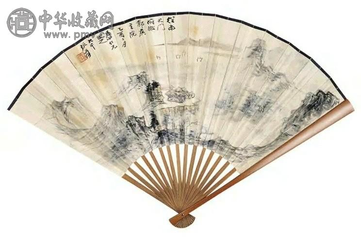 张大千 1945年作 秋江帆影 成扇 设色纸本
