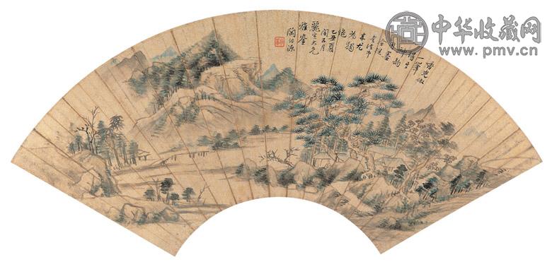 陶绍源 1865年作 松溪板桥图 扇面 设色金笺