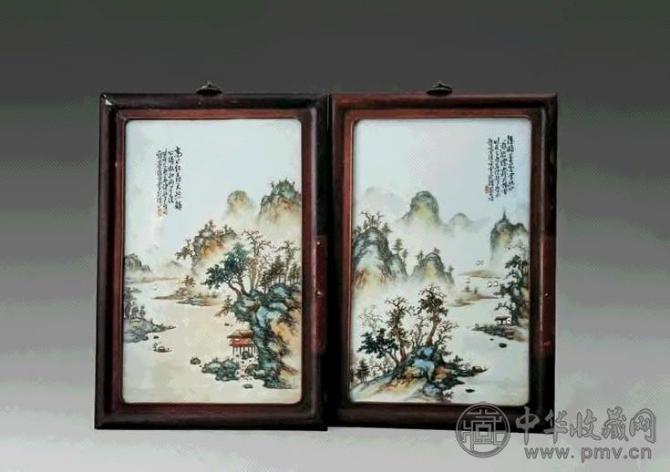 民国 汪野亭款山水瓷板(4只)