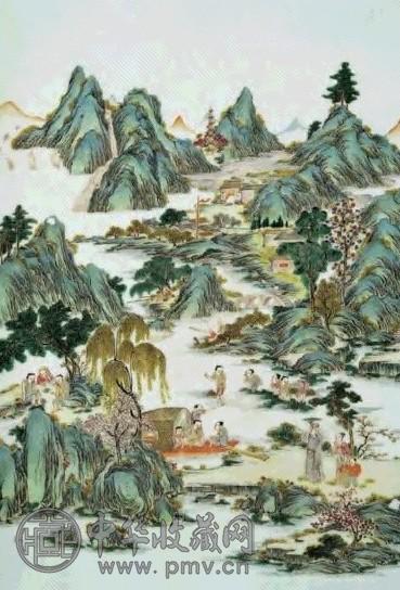 清乾隆 粉彩山水人物渔乐瓷板