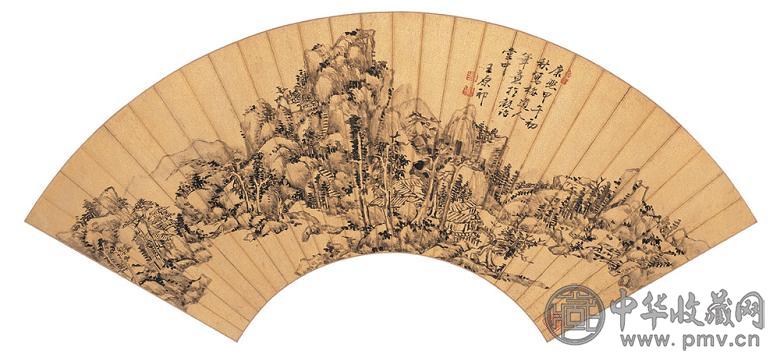 王原祁 1714年作 仿梅道人笔意山水 扇面 水墨金笺