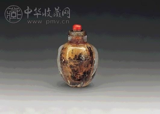 清 甘烜水晶内画山水图六楞形鼻烟壶