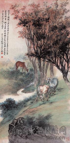 张善孖 庚午(1930年)作 晚秋牧马 立轴 设色纸本