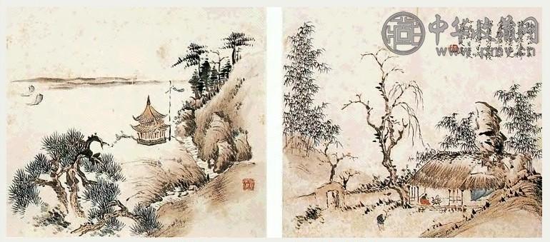 近现代 贺天健 山水(12开选2) 册页