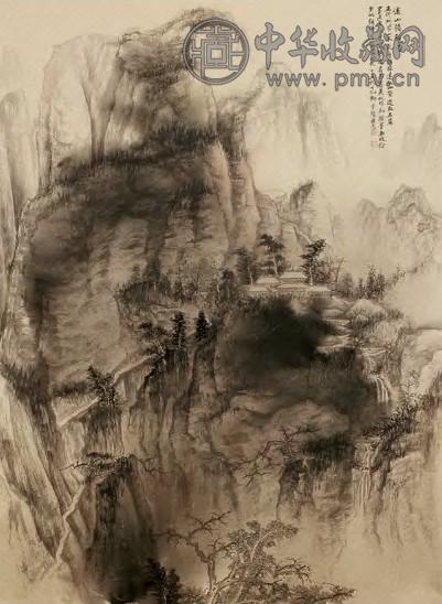 陈无忌 溪山楼观图 镜片 设色纸本