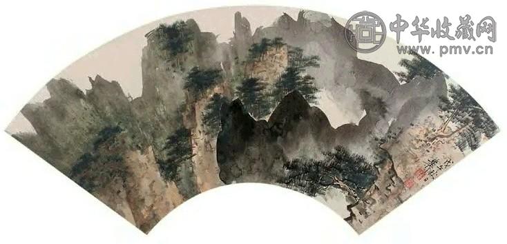 谢稚柳 戊午(1978年)作 青山白云图 扇面 设色纸本