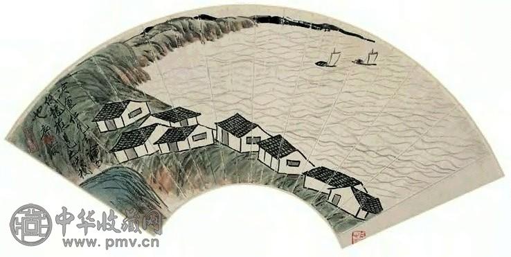 近现代 齐白石 春江帆影 扇面