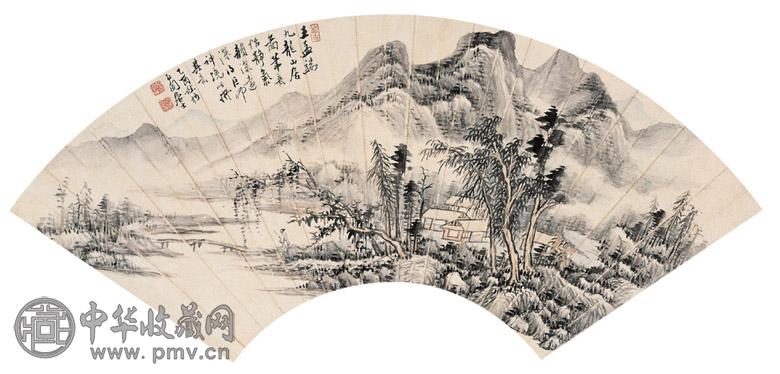 张石园 山居图 扇面镜心 设色纸本