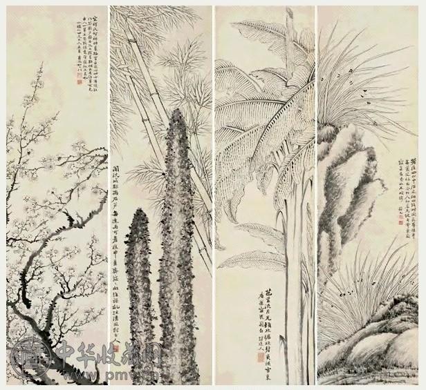 如山 四君子图 四件 立轴 水墨纸本