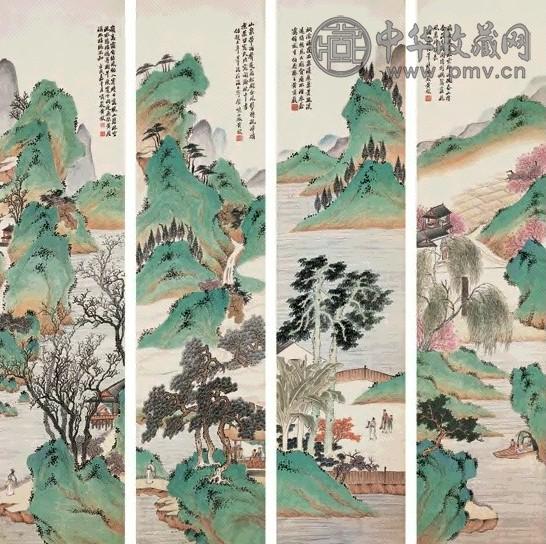 黄瓛 壬戍(1922年)作 拟各家山水 四屏 设色纸本